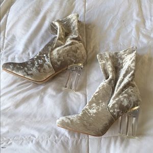 Taupe Grey Velvet Block Heel Booties